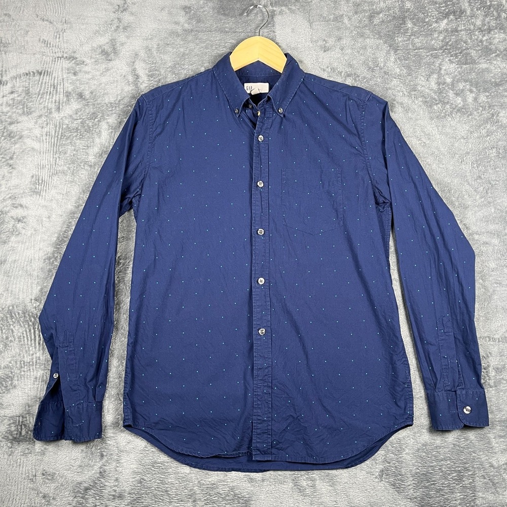 Gap Shirt Mens Small Blue Polka Dot Standard Fit Pleated Long Sleeve Button Down